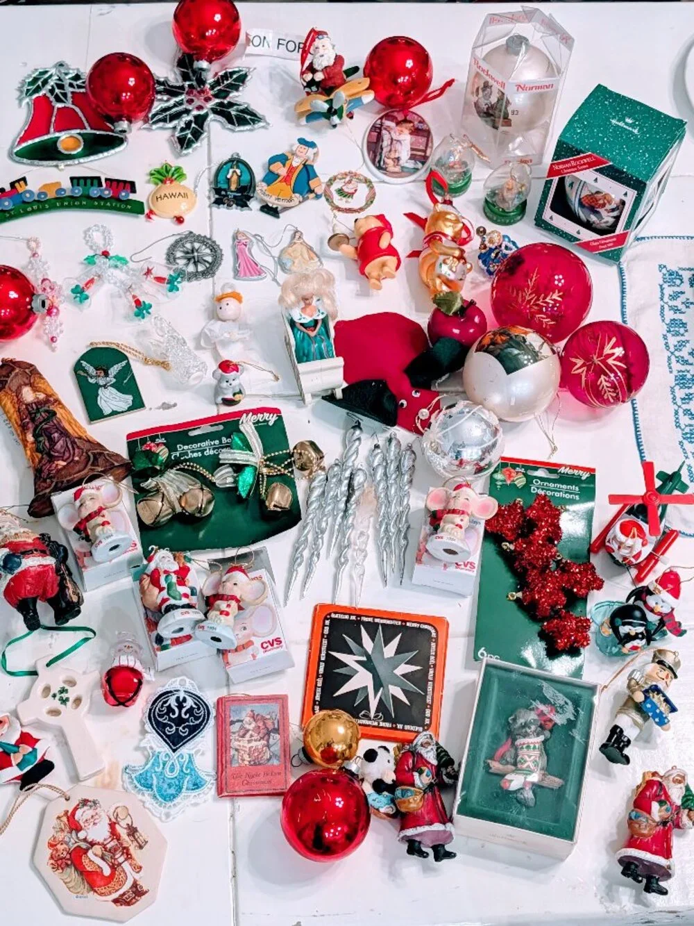 Lot of 68 VTG Christmas Ornaments 80s 90s Santa Disney Pooh Barbie Angels Retro
